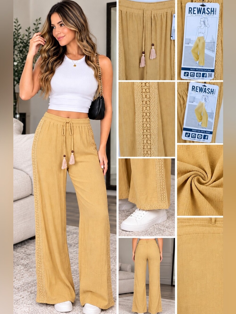 Women's Mustard Yellow Crochet Trim Elastic Waist Pants Wide Leg NWT